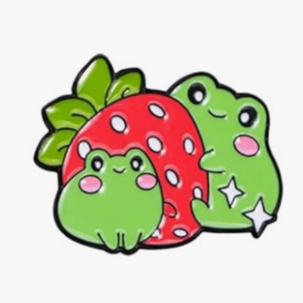 Kawaii Frog & Strawberry Enamel Pin - Green & Red